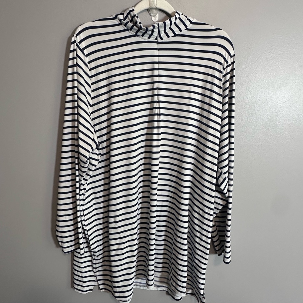 Lands’ End Swim Cover Up Tunic 2X Blue White Striped Mock Neck Plus